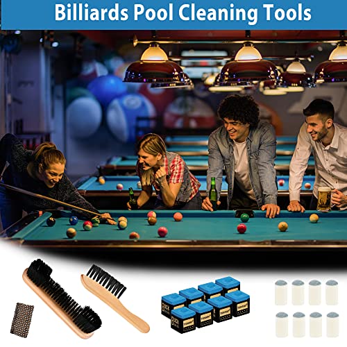 Akamino 4 Set Billiards Pool Table And Rail Brush Including 8 Pcs Slip-On Pool Cue Tip, 12 Pcs Pool Cue Chalk Cubes And Cue Shaft Cloth Slicker - Table Billiards Cleaning Brush Kit Accessories #TOP6