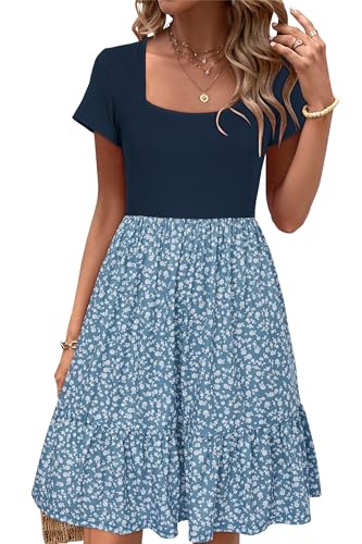 Image of Newshows Women's 2026 Summer Casual Square Neck Ruffle A Line Beach Vacation Sundress Work Business Dress with Pockets