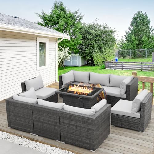 BULEXYARD 9 Piece High Back Outdoor Sectional Seating with Fire