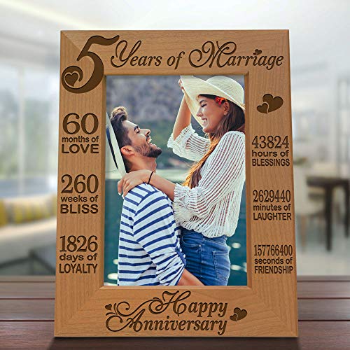 Kate Posh - 5 Years Of Marriage Photo Frame - Happy 5Th Wood - Engraved Natural Solid Wood Picture Frame (4X6-Vertical) #TOP3