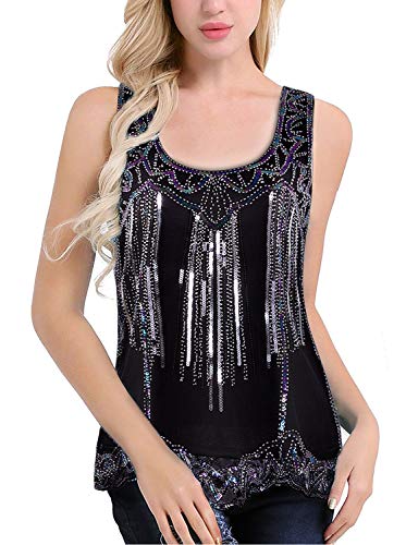 Vijiv Womens 1920s Vintage Beaded Tops Art Deco Sleeveless Embellished Sparkly Sequin Vest Tank Top2