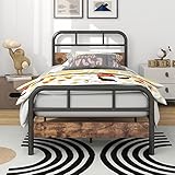HOMERECOMMEND Twin Bed Frames with Wood Headboard and Footboard Heavy Duty Metal Platform Bed Frame Solid and Stable Easy Assembly Black/Rustic Brown