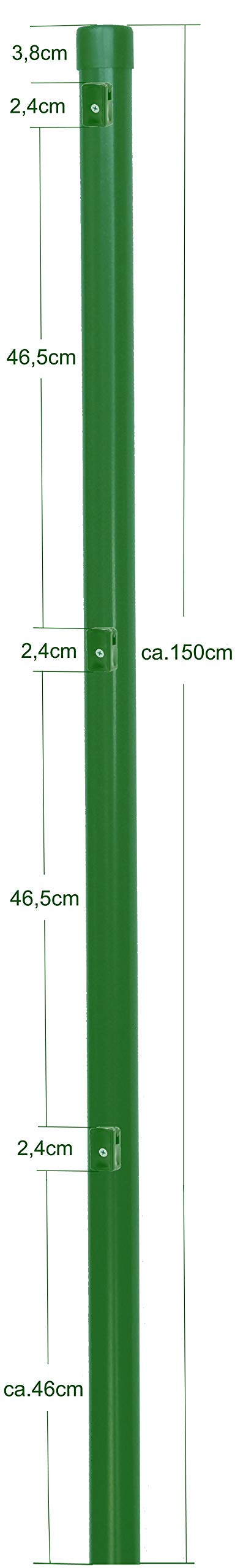 EXCOLO 10er-Set Metall-Zaunpfosten Ø34 mm, 1,5 m, pulverbeschichtet moosgrün RAL 6005, inkl. 3 Spanndrahthalter & Pfostenkappe, zum Einbetonieren – für Maschendrahtzäune bis 1 m Höhe