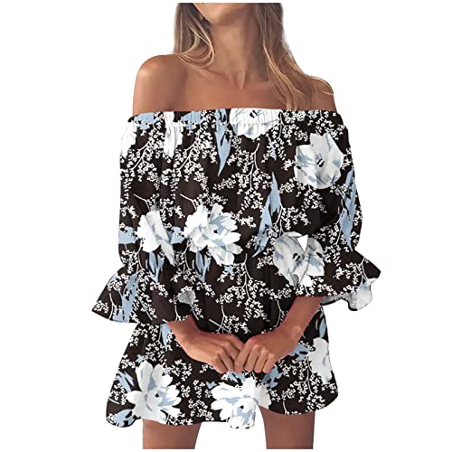 Smidow Off The Shoulder Dresses For Women 2023 Sexy Summer Elastic Waist Lantern Sleeve Beach Ruffle Mini Dress Sundress #TOP24