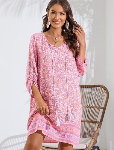 Image of Zeagoo Womens Boho Dresses Casual Beach Summer Dress Tassel Tie Neck 3 /4 Long Sleeve Mini Sundress 2025 Floral Print Cover Up