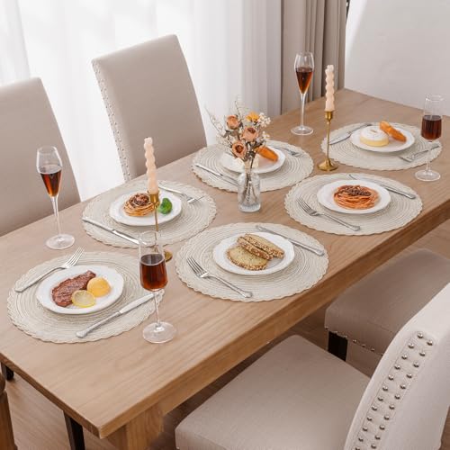 Image of SHACOS Boho Round Placemats Set of 8 Braided Border Round Place Mats 15 inch Washable Dining Table Mats for Home Wedding Holiday Party (Ivory Bordered, 8)