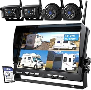 ZEROXCLUB 10'' 1080P Wireless Backup Camera System Kit, 10 Inch DVR Quad Split Monitor Wireless Rear Side View Cameras, IP69 Waterproof Digital Signal Record System for RV/Truck/Trailer/Camper-BW104SL