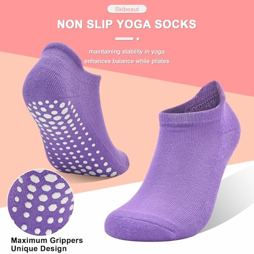Image of SkiBeaut Grips Non Slip Socks for Women, 4 Pairs Yoga Pilates Anti Skid Woman Hospital Gripper Socks (5-12)
