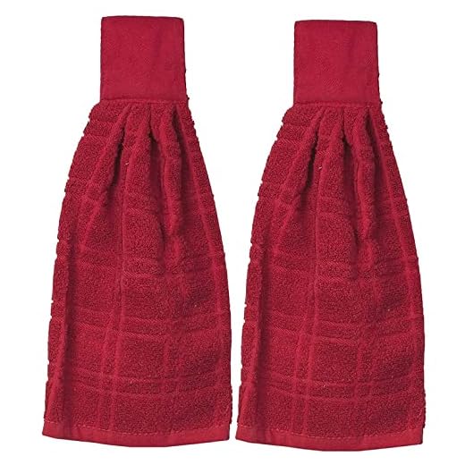 Kovot Set of 2 Cotton Hanging Tie Towels | Include (2) Hanging Towels That Latch with Hook & Loop (Red)