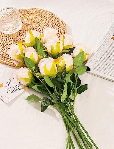 DuHouse 10pcs Artificial Silk Roses Flowers Single Long Stem Fake Rose Bouquet for Wedding Home Party Decoration Centerpieces(Beige) - Image 3