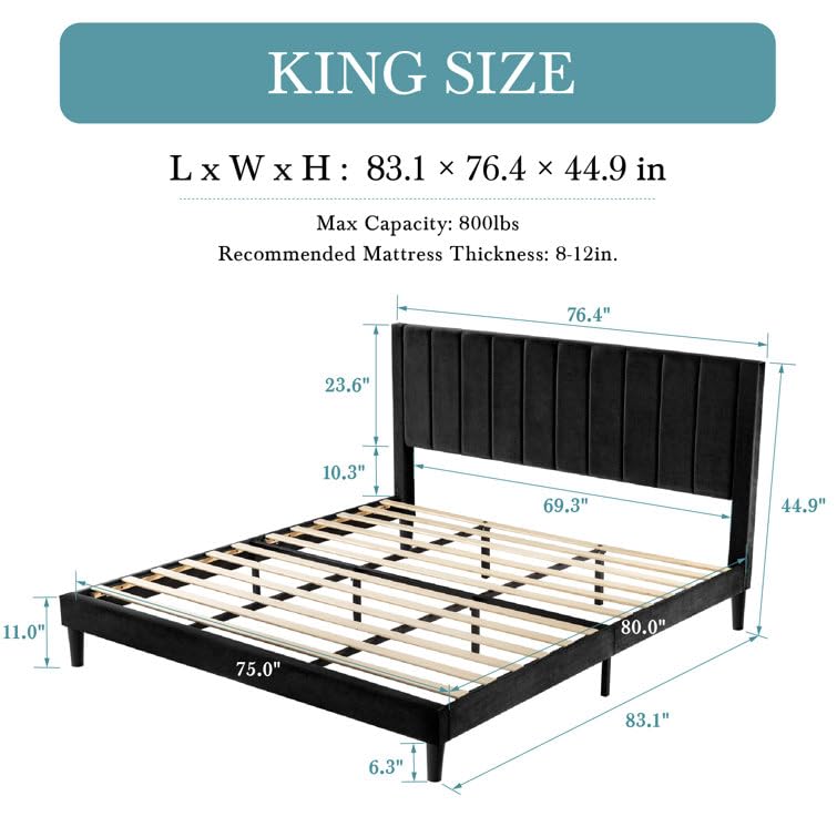 Image of HITHOS Modern Upholstered King Size Bed with Wingback Headboard | Wooden Double Bed Cot Palang Without Storage for Living Room Home Bedroom (Black) 1 Year Warranty