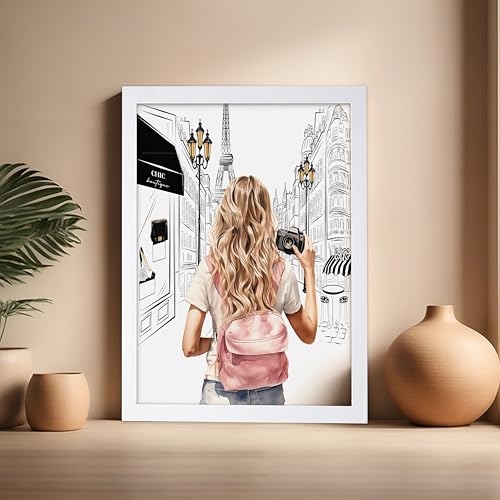 Image of Poster Master Fashion Poster - Lady With A Camera Print - Trendy Art - Paris Art - Modern Art - Gift for Women & Fashionista - Glamour Wall Decor for Bedroom or Girl's Room, 16x20 White Framed