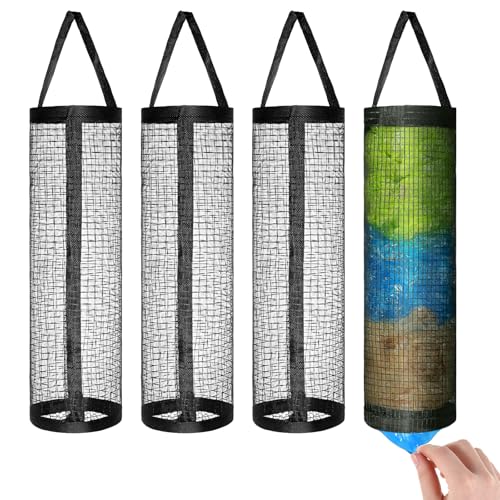Tweruna 4 Pcs Black Plastic Bag Holder Plastic Bag Dispensers for Grocery Store Foldable Mesh Hanging Storage Bags Shopping Trash Bags Holder Black Hanging Storage Dispensers