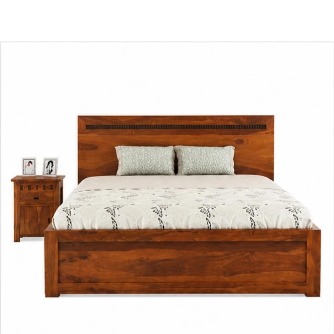 Model Art Furniture Solid Wood King Size Box Bed with Bedside Table | Honey Finish, Panelled Headboard, Box Storage Base, Includes Bedside Table, Rustic Wood Grain-image-17