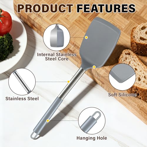 Image of 5Pcs Silicone Cooking Utensils Set, Heat Resistant Kitchen Tools Include Solid&Slotted Spatula, Cooking Spoon and Pasta Server, Silicone Kitchen Utensils set for Nonstick Cookware Flipping, Gray