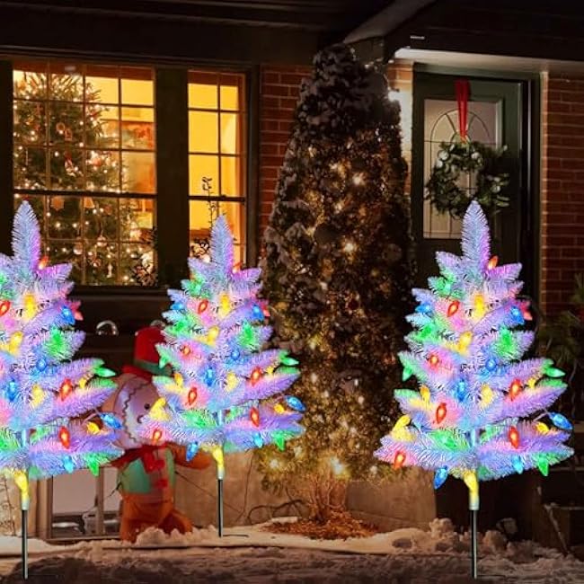 2 Pack White Christmas Tree Outdoor,Solar Powered Christmas Trees with 60 LED C6 Christmas Lights,Pre-lit Small Artificial Xmas Tree for Yard Porch Walkway Pathway Grave Cemetery Christmas Decorations