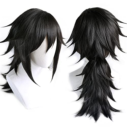 Lwiuentx Anime Cosplay Tomioka Giyuu Perruque Noire avec Queue de Cheval Pour la Fête D'Halloween + Bonnet de Perruque Gratuit Cover