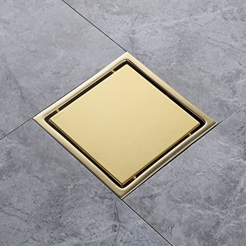 Deokxz 6 Inch Brushed Gold Shower Drain Square, Removable Grid Strainer Cover And Invisible Tile Insert，With Adjustable Drain Flange Kit Base Pvc, Sus304 Stainless Steel Brass Face #TOP1