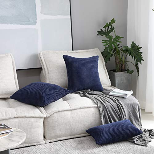 Home Brilliant Striped Decorative Corduroy Velvet Large Euro Sham Set Of 2 60X60 Cm Couch Throw Pillow Cover For Bed, 24 X 24 Inch, Navy Blue #TOP2