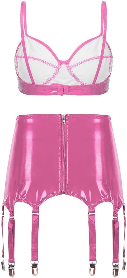 Womens Patent Leather Lingerie Set Bra Top Miniskirt Garter Clips Raves Party Clubwear Red