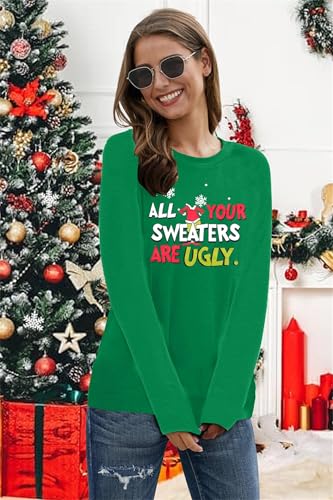 VILOVE Moletom feminino Ugly Christmas Grinchmas Pulôver All Your Sweaters Are Ugly Moletom com gola