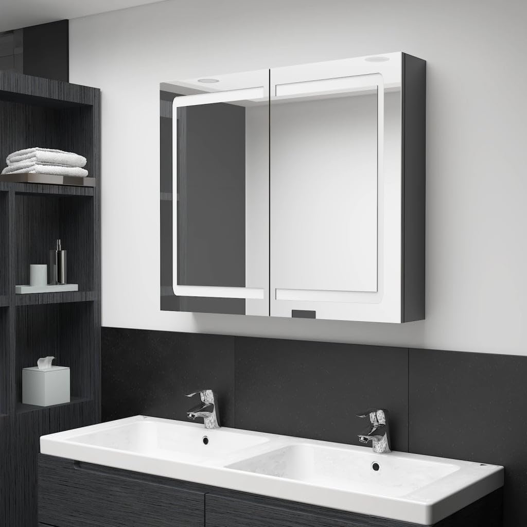 LED-Spiegelschrank für Badezimmer, glänzend Grau, 80x12x68 cm, mit 2 Türen, 3 Einlegeböden, Wandmontage, ideal für Kosmetik, Rasur, Hautpflege