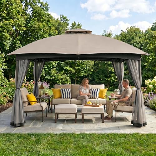 FAB BASED 10x12 Gazebo Double Vent Canopy Gazebo for Outdoor with Privacy Netting Easy Setup Patio Pavilion with Steel Frame Strong Legs for Lawn Backyard Deck (Ash Grey)