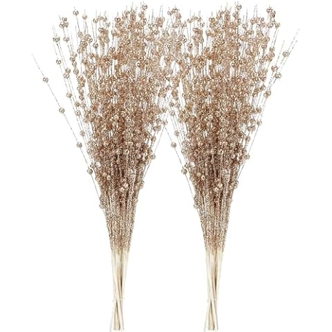 WEISPARK Artificial Glitter Berry Stem Christmas Ornaments, 16 Pack Decorative Bead Sticks Glittery Twigs Branches Picks for Christmas Tree Vase Wreath Home Wedding Party Decor Cover