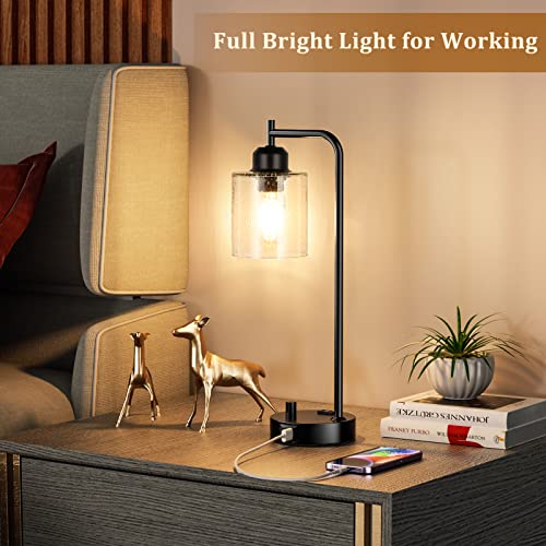 Innqoo Industrial Bedside Table Lamp For Bedroom - Nightstand Lamps With Usb C Charging Port, Fully Dimmable Black Ports And Outlets, Small Desk Glass Shade Office Living Room thumb #4