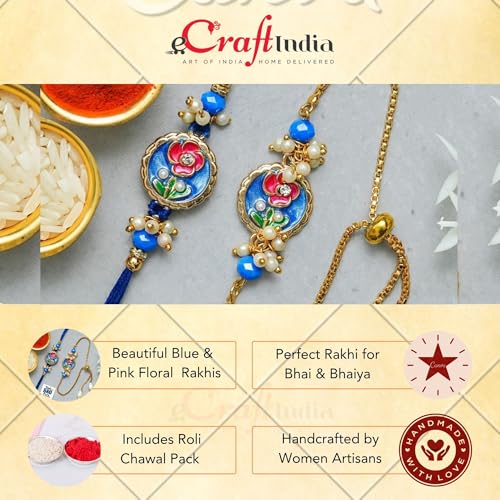 Image of eCraftIndia Beautiful Flower Designer Bhaiya Bhabhi Rakhis with Best Bro Ever Fridge Magnet | Set of 2 Rakhi for Brother and Bhabhi | Lumba Rakhi | Roli Chawal Pack | Roli Chawal Pack