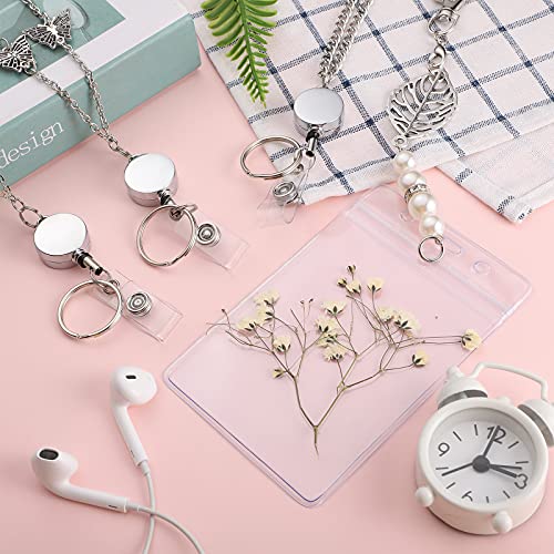 9 Pieces Badge Lanyard Necklaces Set, 3 Retractable Badge Reel Lanyard Women Stainless Steel Chain With Buckle And 6 Transparent Waterproof Id Holder For Nurse Office Worker, Butterfly, Leaf Shape #TOP4