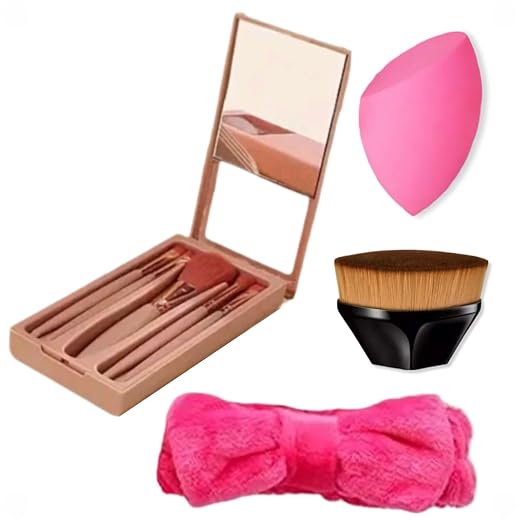 Kit de Maquiagem Estojo Espelho 5 Pinces, Esponja de maquiagem, Pincel de Base Kabuki Mágico e Tiara Make Up |Bu.bo|