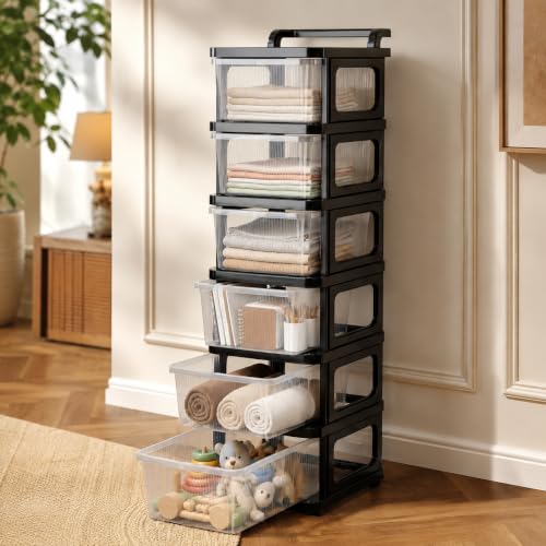 Image of Heavy Duty Plastic Storage Drawer with Wheels | Modular Cabinet for Bedroom, Office, Home or Classroom| Chest of Drawers Organiser for Cosmetics, Kitchen items, Toys (Transparent, 6)
