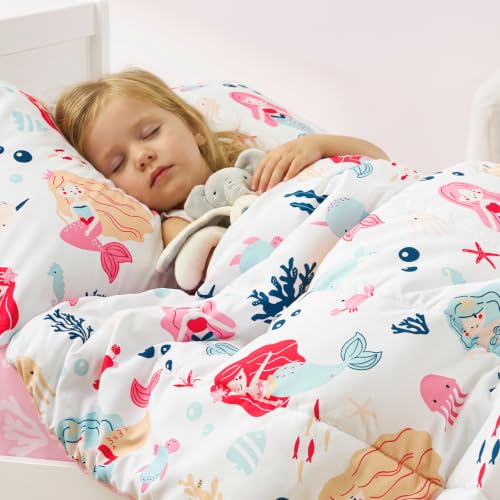 Image of PHF 4 Piece Toddler Bedding Set, Ultra Soft Toddler Comforter Sets Include Comforter, Fitted Sheet, Flat Top Sheet and Pillowcase for Girls, Bed in A Bag for Baby Bedroom, Mermaid
