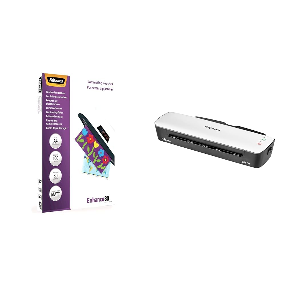 Fellowes Pochettes De Plastification A4 Mates 80 Microns - Pack de 100 Feuilles Plastifieuse & Plastifieuse Sola A4, 125 Microns, Fonctions Anti-Bourrage Et Arrêt Automatique