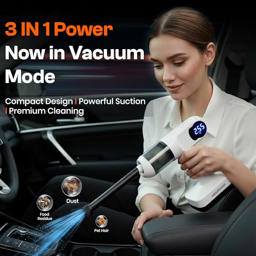 Image of MEGAAUDIO MATI07 3-in-1 Cordless Car Vacuum Cleaner & Tire Inflator, Portable 12V Air Compressor Pump for Car, Bike & Balls, 100 PSI Max Pressure, 60W High Suction Handheld Vacuum with LED Light