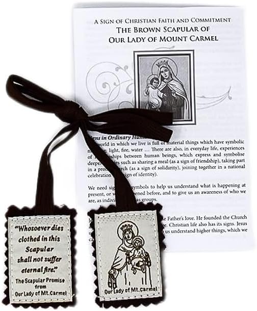 Brown Wool Embroidered Scapular & Leaflet - Our Lady of Mount Carmel and the Sacred Heart of Jesus.
