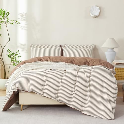 Image of Brown Striped Comforter Set Queen - 3 Pieces Bedding Comforter Set for All Season, Soft Lightweight Washed Microfiber, 1 Striped Comforter and 2 Pillowcases (Brown, Queen Size)