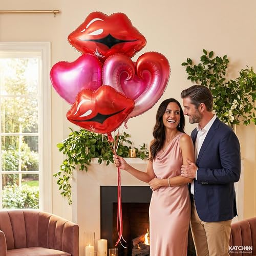 Image of KatchOn, Huge Red Lip and Heart Balloons Decorations - 36 Inch, Pack of 5 | Pink and Red Heart Shaped Balloons | Cute Heart, Lips Balloons | Pride Decorations, Pride Month Decorations