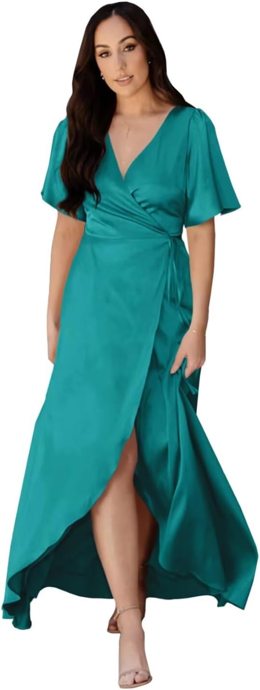 UZN Satin Bridesmaid Dresses High Low for Women V Neck Formal Party Gowns for Wedding with Slit