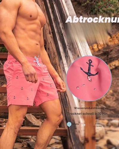 MaaMgic Badehose Herren Schnelltrocknende Badeshorts Jungen Strand Strandurlaub Surf Freizeit Laufen Sport mit Netzfutter Taschen einstellbare Kordelzug MEHRWEG-M-Anker Pink