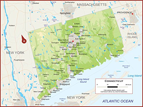 42 x 32 Connecticut State Wall Map Poster with Topography - Classroom Style Map with Durable Lamination - Safe for Use with Wet/Dry Erase Marker - Very Popular for Educators and Homeschool!