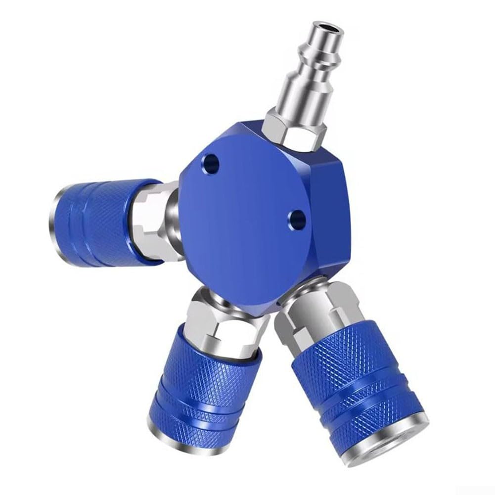 3-Way Air Manifold with 1/4 Inch NPT Input and 3 Quick Brass Couplers, Hex Style Pneumatic Splitter for Air Compressor Hose, Red Connector for M D I/M Types(blue)