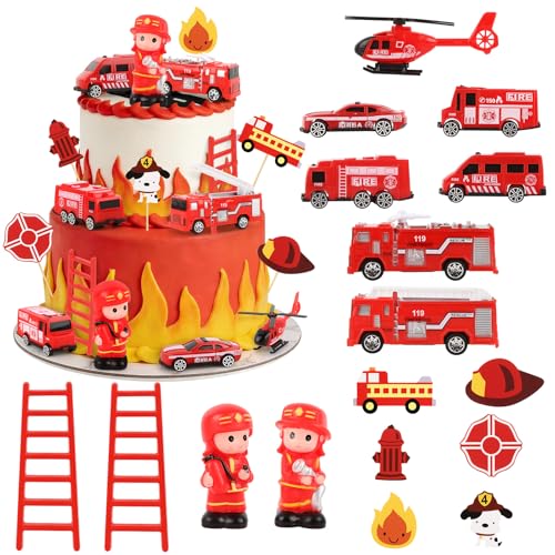 Hooqict 17 Pieces Fire Truck Cake Decorations Set with Mini Firetruck Firefighter Fire Engine Birthday Cake Toppers & Cupcake Toppers for Fireman Fire Truck Birthday Party Decorations Supplies