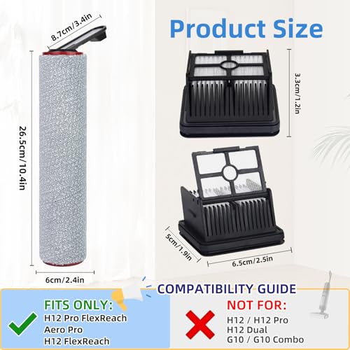 Image of Replacement Parts for Dreame Aero Pro, H12 Pro FlexReach Wet Dry Vacuum | NOT for H12 Pro. Fits Aero Pro, H12 Pro Gen2 / FlexReach / FlexLite. 2 Roller Brushes, 2 Filters & 1 Cleaning Brush
