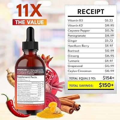 Cayenne Pepper Supplement Liquid Drops + Hawthorn Berry, Vitamin D3 K2 Beet Root Powder, Ceylon Cinnamon, Turmeric Curcumin, Organic Panax Ginseng - 2oz