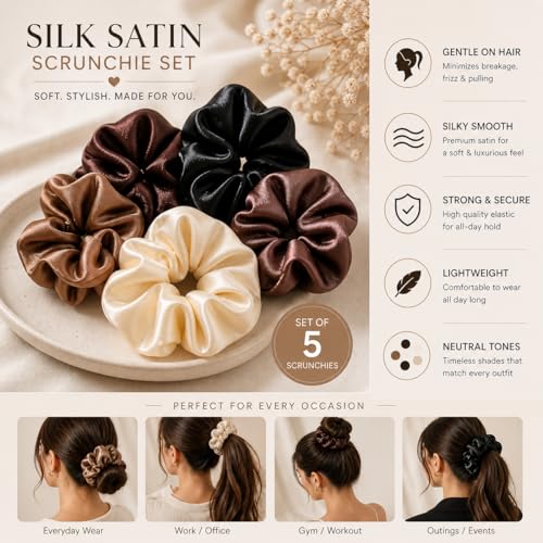 Image of Atrube Satin scrunchy combo of 5 | Large Silk Scrunchies for women Hairties Caramel Dream