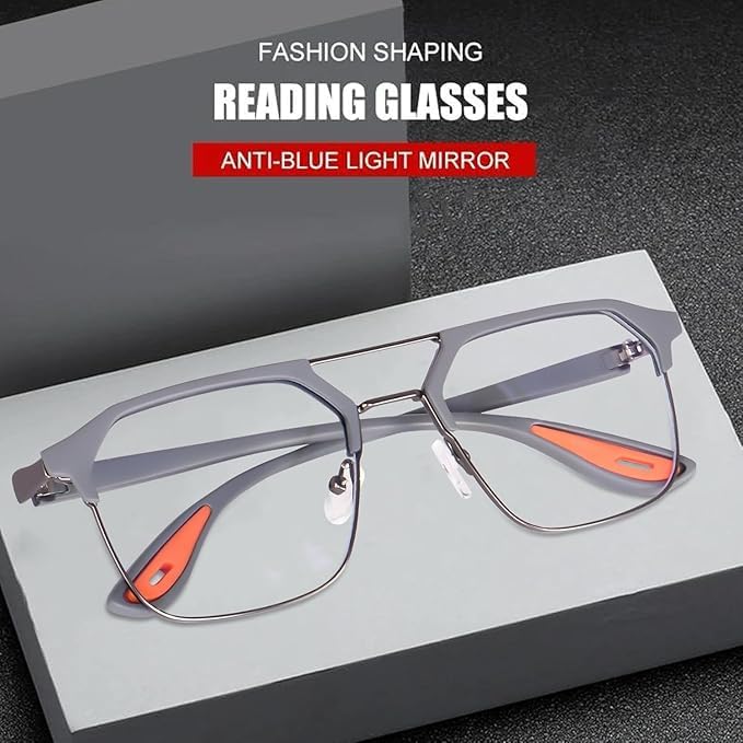 Image of Black Jones Half-Rim Aviator Eyeglasses Frame, Grey and Orange, Metal and Plastic, Double Bridge, Clear Lens
