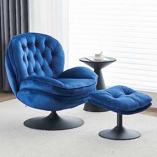 Comfort Stretch Comfy Velvet Swivel Living Room Bedroom Accent Chair With Ottoman, Cozy Recline Lounge Armchair W/Fluffy Round Tufted Back Adult Gift For Small Room Lazy Relax Read Nook Tv, Blue #TOP15