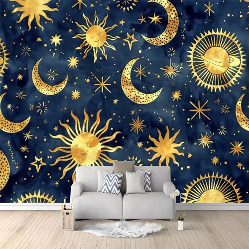 Photo Wallpaper 200 x 140 cm Non-Woven Murals Wall Art Crescent and Sun Celestial Body Decoration Design Living Room Home Decoration Wall murals Suitable for Children's Room Blue and Yellow